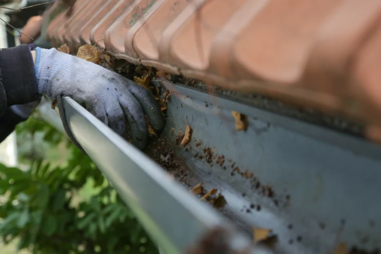 close up of homeowner performing gutter cleaning and roof maintenance