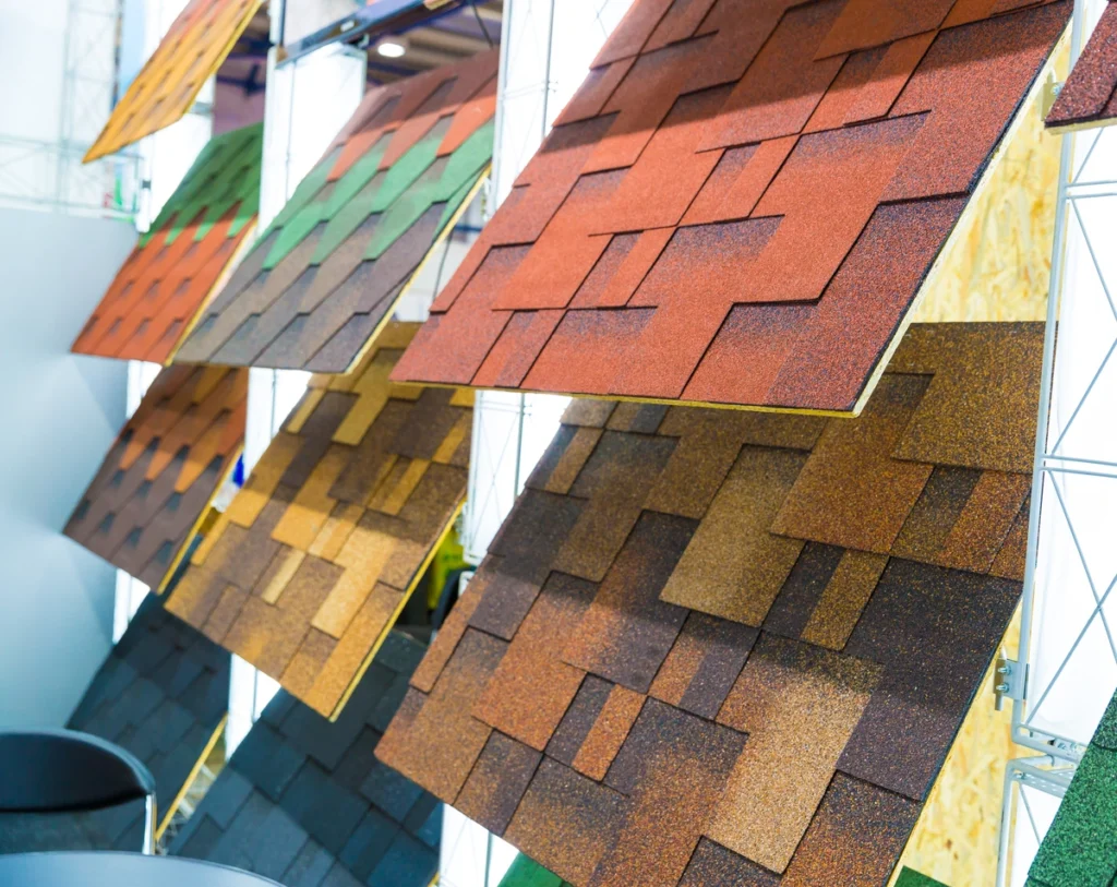 a display of different colored asphalt shingles