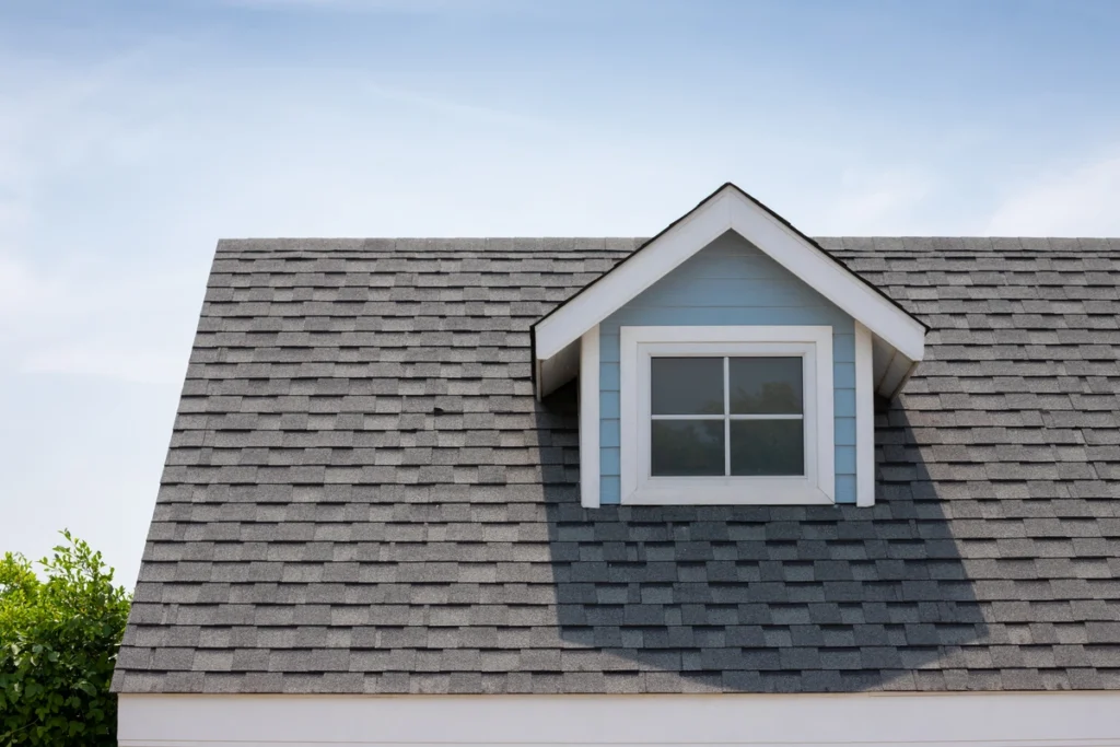 Gray asphalt shingle roof on a blue house
