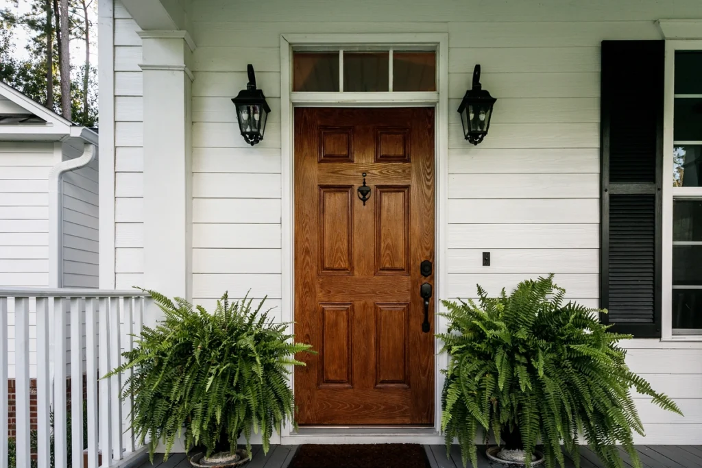 wooden front door and ferns