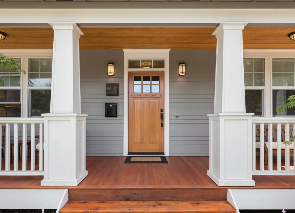 wooden door gray siding