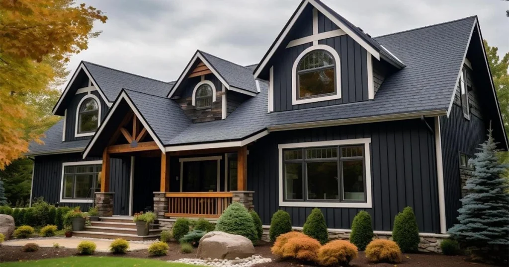 Exterior view of a modern two-story home featuring dark charcoal vertical siding, wood porch accents, and a newly installed black asphalt shingle roof.